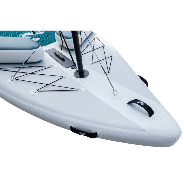 Close-up of an inflatable kayak with a white and teal design on a white background