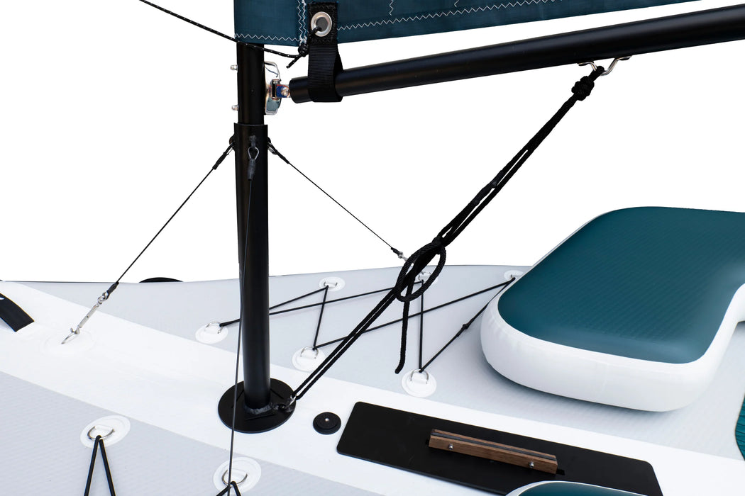 Close-up of a sailboat's rigging and seat on a white background
