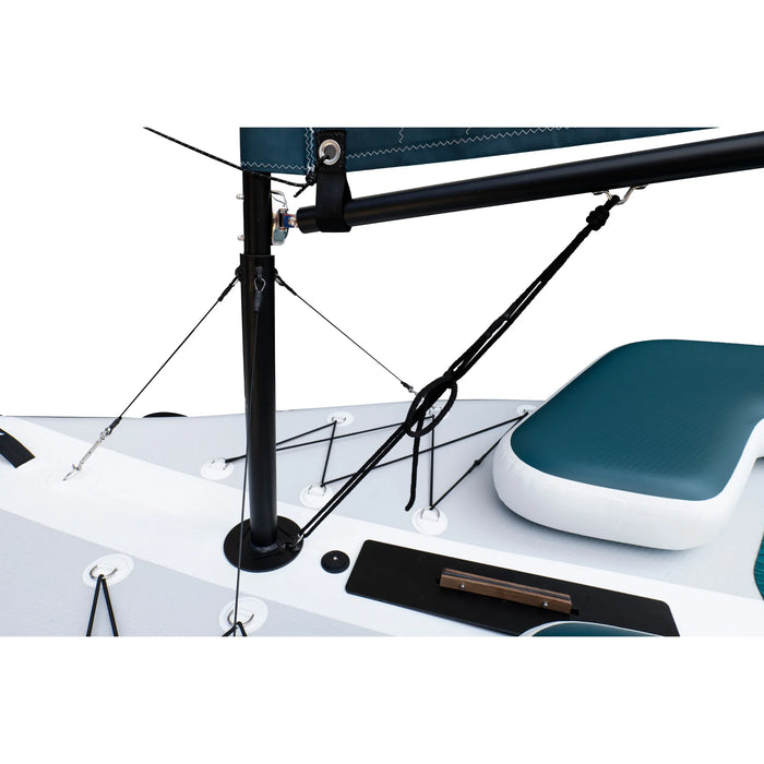 Close-up of a sailboat's rigging and seat on a white background