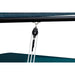 Close-up of a black pulley system attached to a blue canopy.