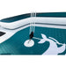 Close-up of a white anchor on a teal and white inflatable boat with a dolphin design.