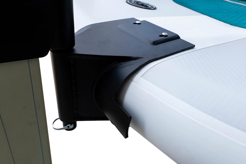 Close-up of a black car spoiler on a white car with a blurred background