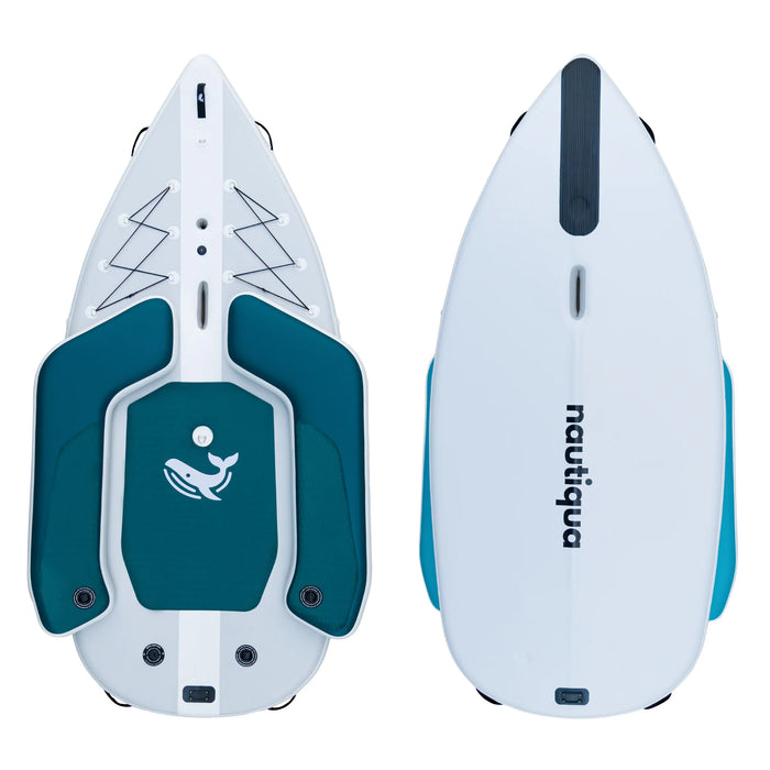 White and blue waterski with Nautique branding on a white background