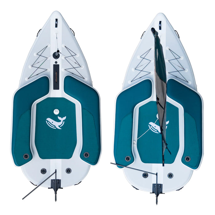 Two teal and white inflatable stand-up paddleboards on a white background