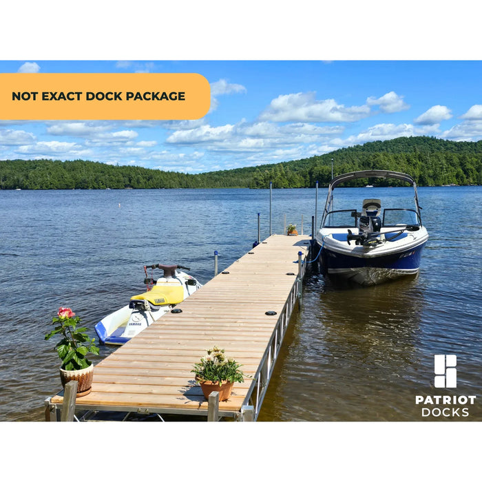 Wooden dock with boats on a lake, Patriot Docks logo visible