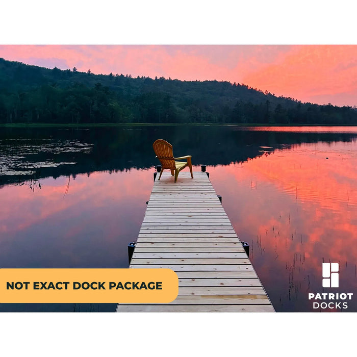 Wooden dock with a chair at sunset over a lake, with 'Patriot Docks' branding.