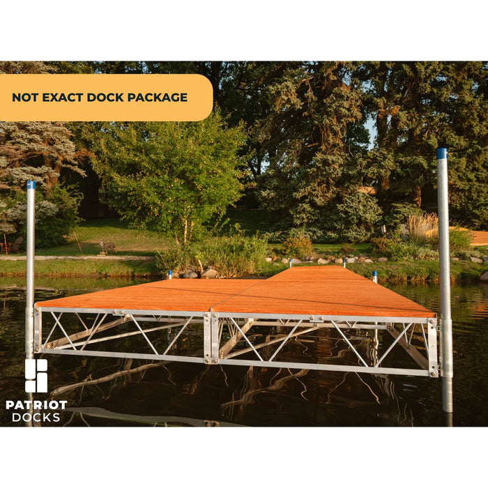 Wooden dock on water with trees in the background, branded 'Patriot Docks'.