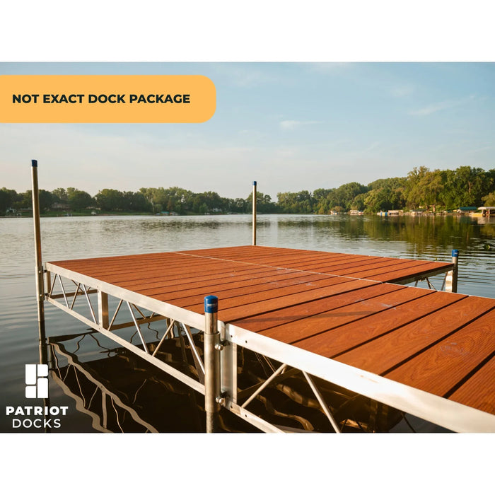Wooden dock on a lake with trees in the background, branded with Patriot Docks.