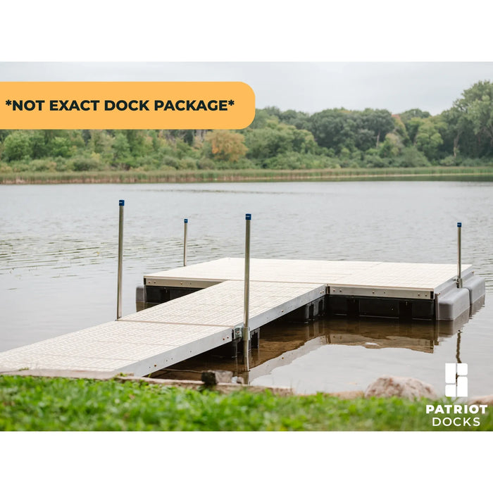 Wooden dock extending into a body of water with trees in the background, featuring the Patriot Docks logo.