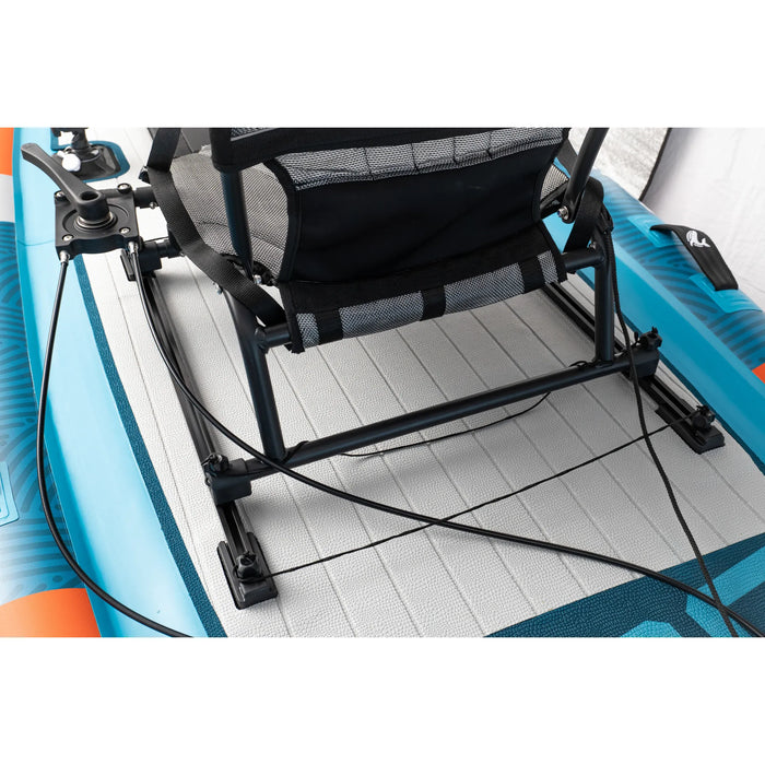 Inflatable kayak with a mounted fishing chair on a white floor.