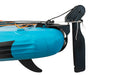Close-up of a blue kayak with a black paddle attached on a white background