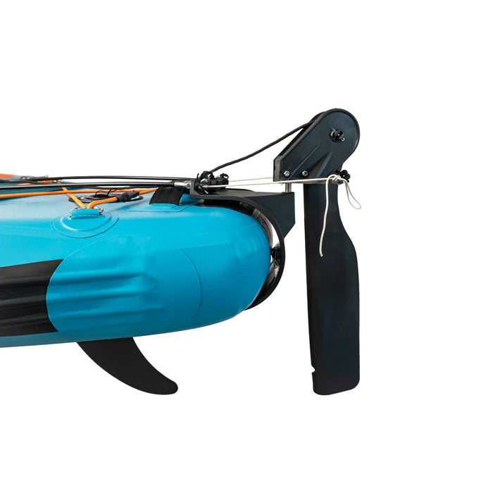 Close-up of a blue kayak with a black paddle attached on a white background