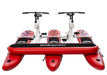 Red water bike with two seats and a visible brand logo