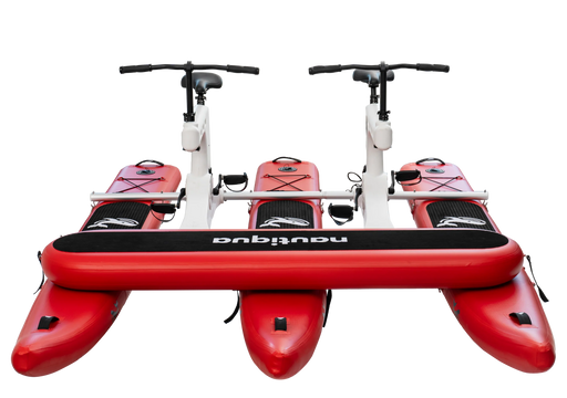 Red water bike with two seats and a visible brand logo