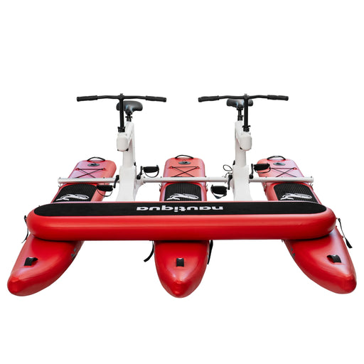 Red water bike with two seats and a visible brand logo