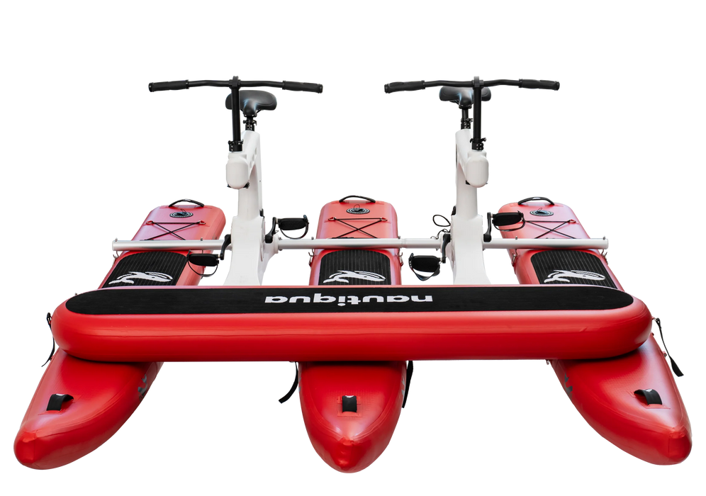 Red water bike with two seats and a visible brand logo