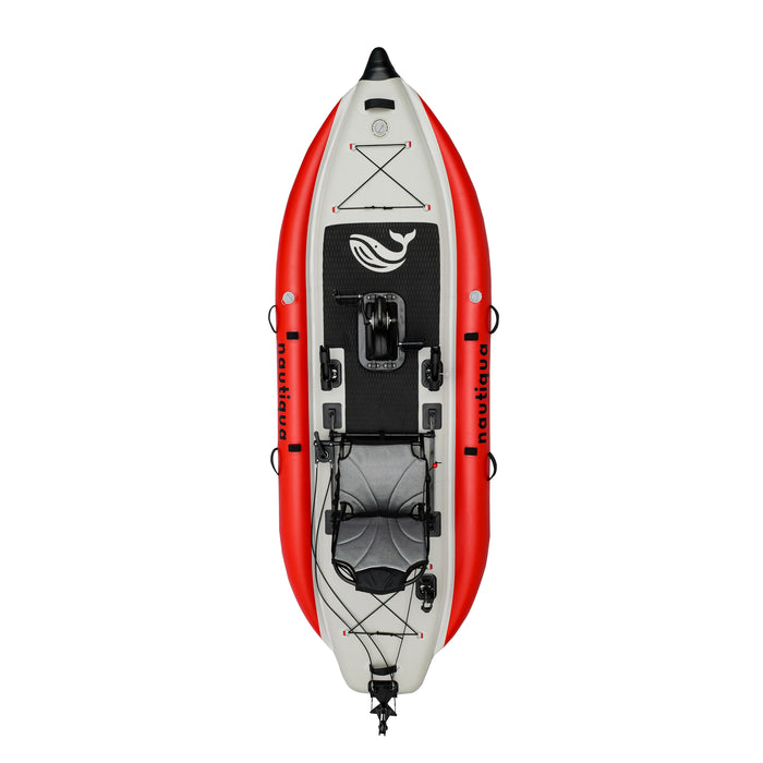 Red and white inflatable kayak with black seat on a white background