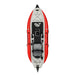 Red and white inflatable kayak with black seat on a white background
