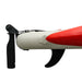 Close-up of a red and white airplane model with black propeller on a white background