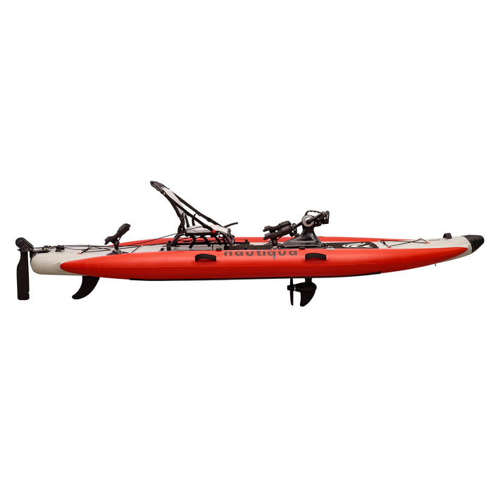 Red and white inflatable kayak with black accessories on a white background