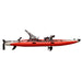 Red and white inflatable kayak with black accessories on a white background