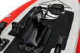 Black kayak paddle holder on a red and white kayak