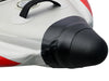 Close-up of a motorcycle exhaust with black muffler and red and white body