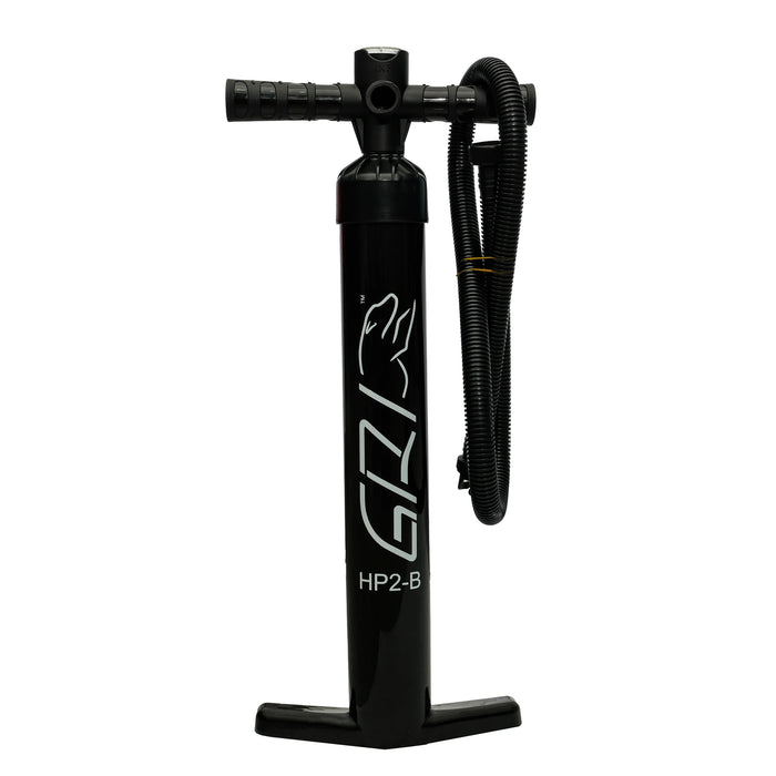 Black hand pump with hose on a white background