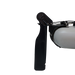 Close-up of a black propeller and white light fixture 