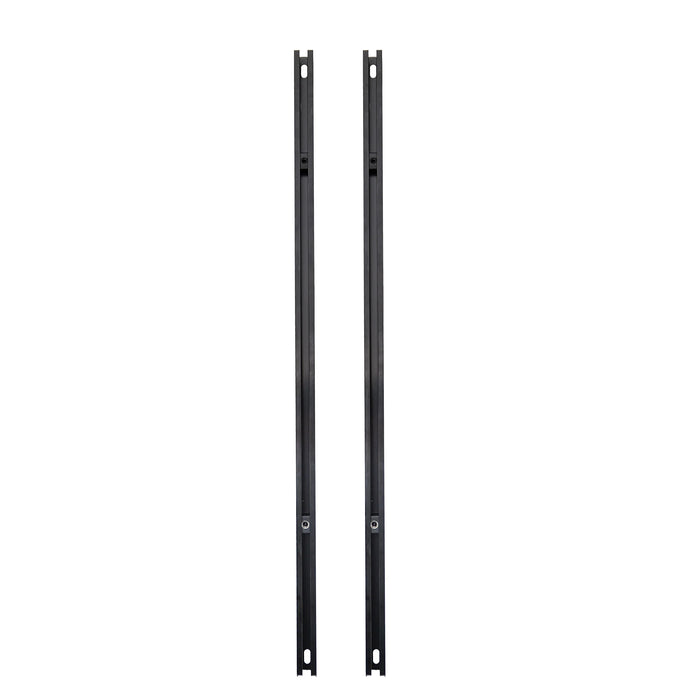 Two black metal brackets on a white background