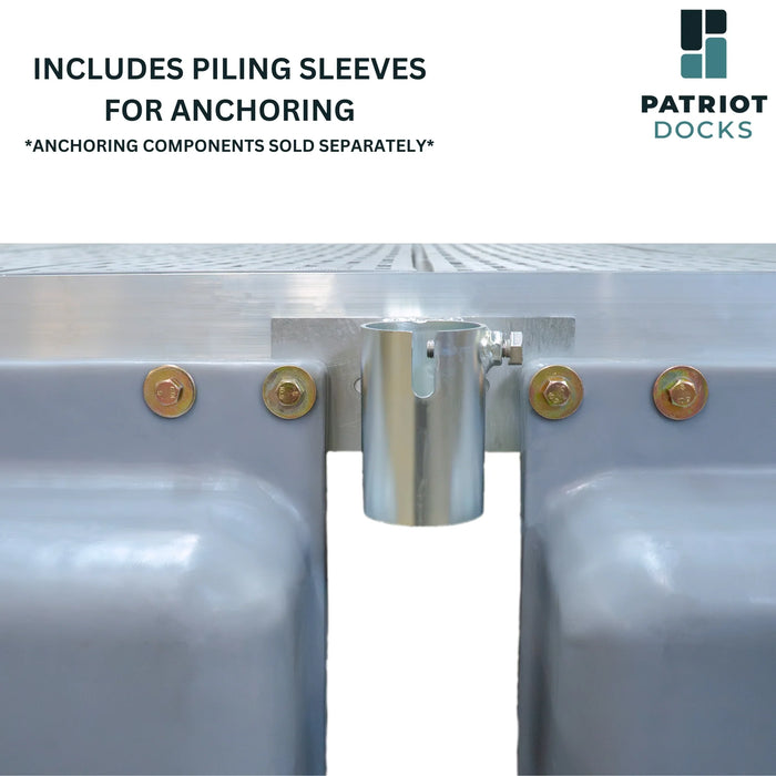 Metal dock support structure with piling sleeves for anchoring, Patriot Docks branding visible.