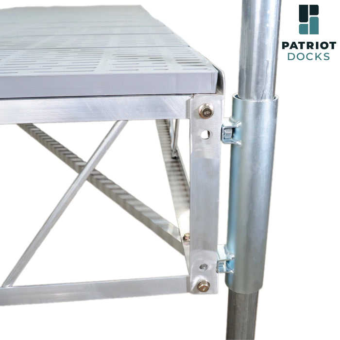 Metal dock leveler with 'Patriot Docks' logo on a white background