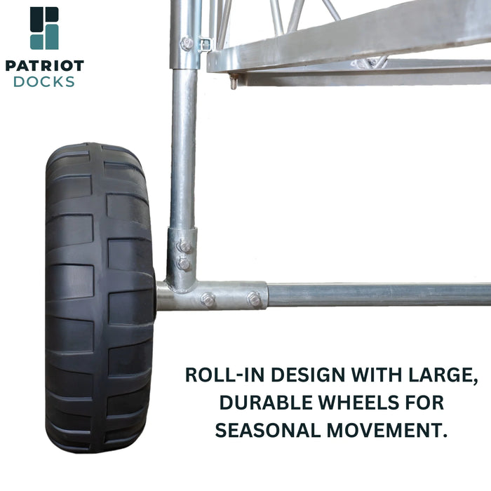Metal ladder with large durable wheel on a white background, featuring Patriot Docks branding.