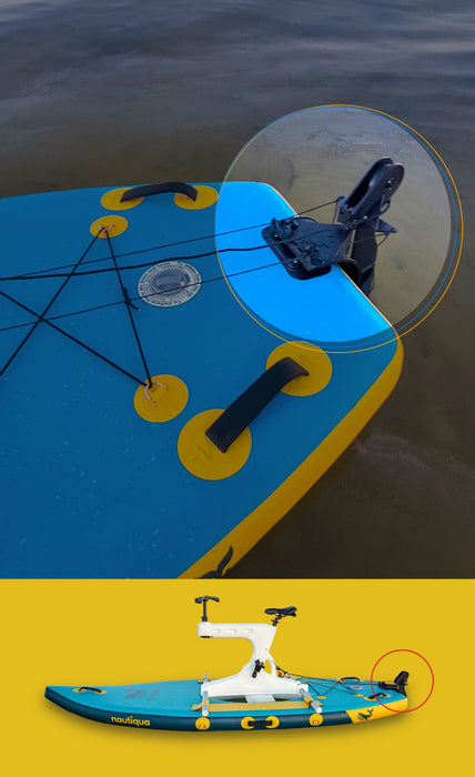 Close-up of a blue and yellow paddleboard with a detailed view of its components on water.