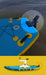 Close-up of a blue and yellow paddleboard with a detailed view of its components on water.