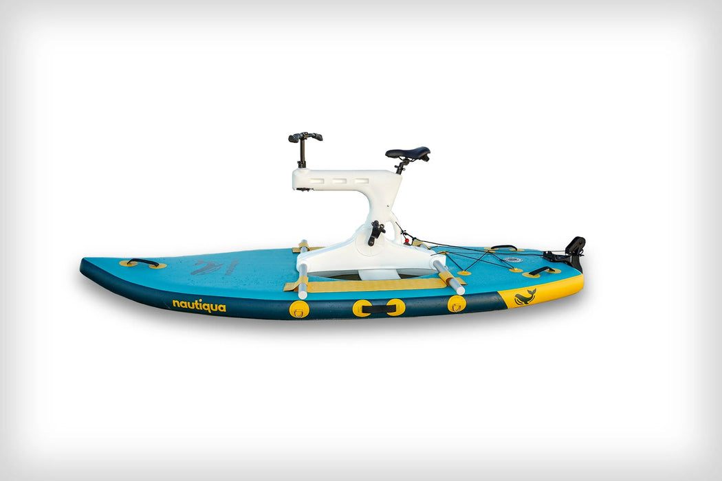 Blue and yellow inflatable water bike with white seat on a white background