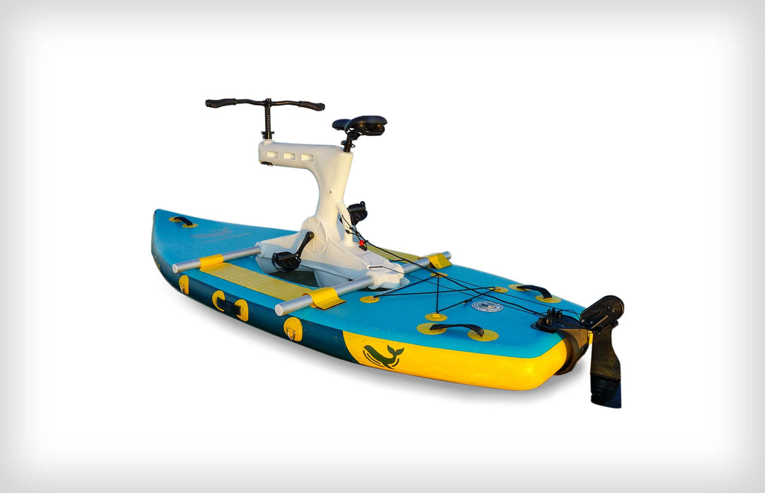 Inflatable kayak with built-in bicycle on a white background
