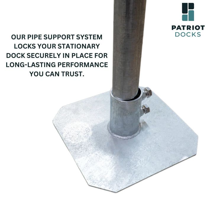 Metal pipe support system for dock with text and Patriot Docks logo.