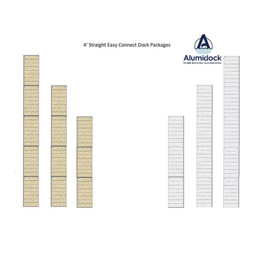Alumidock dock packages with different configurations on a white background