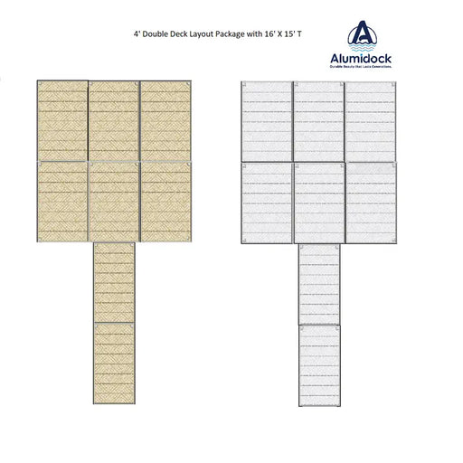 Alumidock double deck layout package plan with dimensions 16' x 15'.