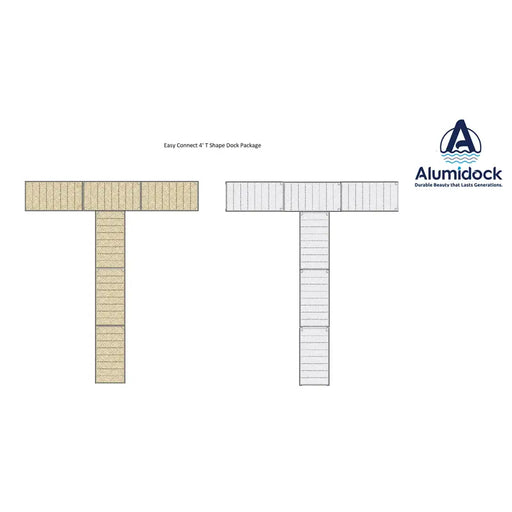 Alumidock T-shaped dock package design on a white background