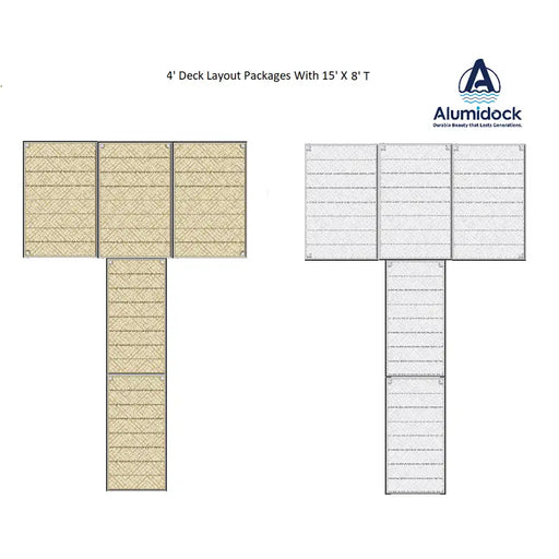 Two deck layout packages with dimensions 15' x 8' and 15' x 8' T, branded with Alumidock.