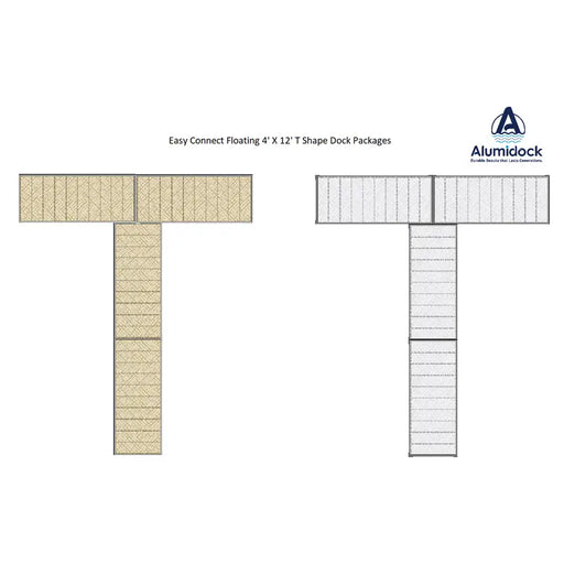 Alumidock T-shaped floating dock package design on a white background