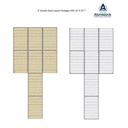 Alumidock 5' Double Deck layout packages diagram with dimensions on a white background