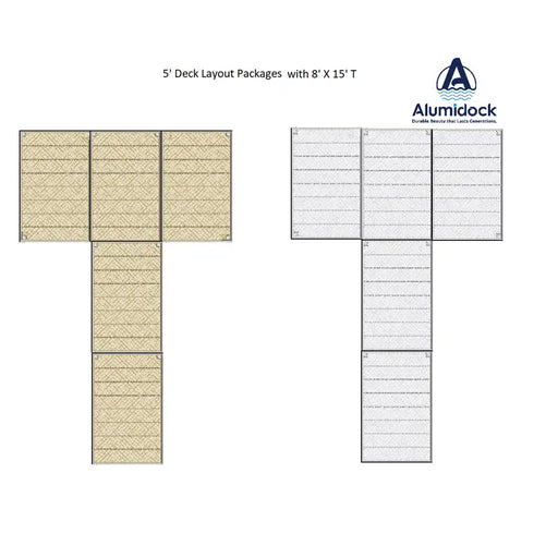 Alumidock deck layout packages with 8' x 15' dimensions on a white background