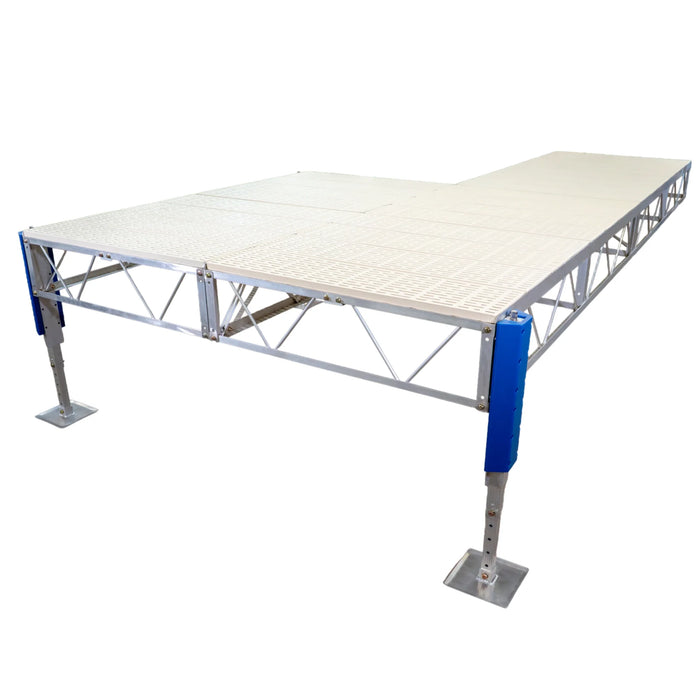 Portable stage platform with blue and silver legs on a white background