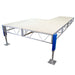 Portable stage platform with blue and silver legs on a white background