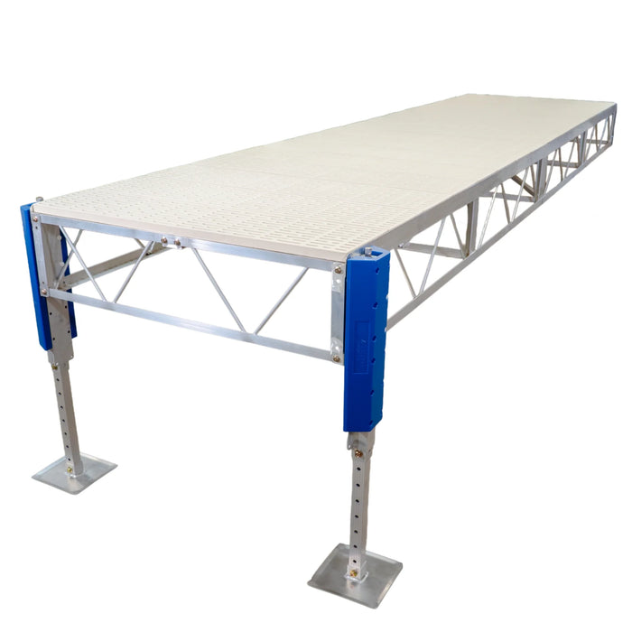 Portable stage platform with white surface and blue support legs on a white background