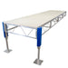 Portable stage platform with white surface and blue support legs on a white background