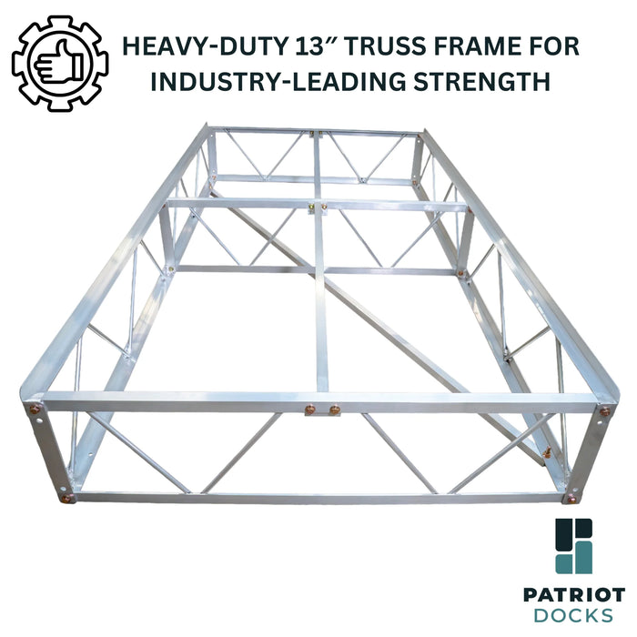Heavy-duty 13-inch truss frame with industry-leading strength on a white background, featuring Patriot Docks branding.